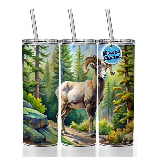 Bighorn Sheep In Forest Watercolor Skinny Tumbler 20oz with Straw Insulated Water Bottle Gift