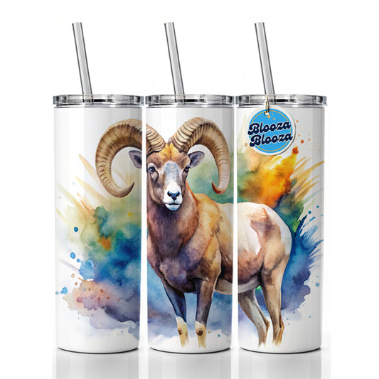 Bighorn Sheep Watercolor Design Skinny Tumbler 20oz with Straw Insulated Water Bottle Gift