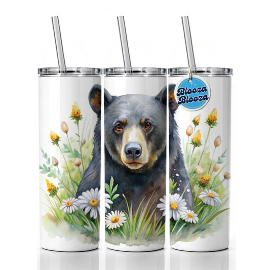 Black Bear Watercolor Design With Daisies Skinny Tumbler 20oz with Straw Insulated Water Bottle Gift