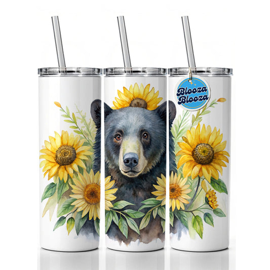 Black Bear Watercolor Design With Sunflowers Skinny Tumbler 20oz with Straw Insulated Water Bottle Gift