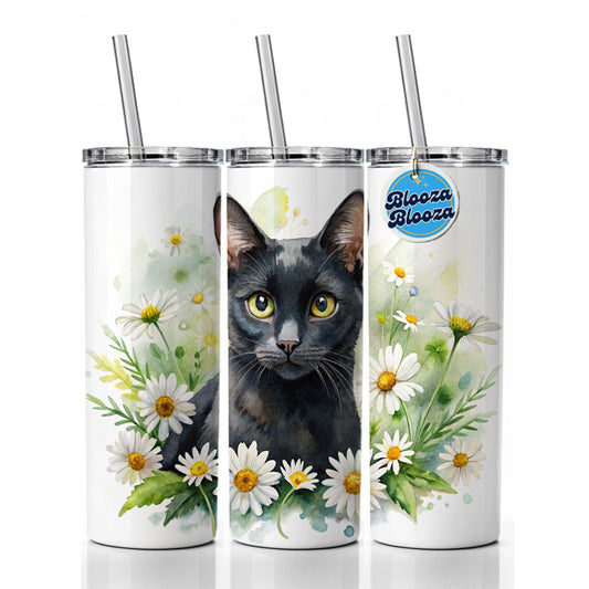 Black Cat Watercolor Design With Daisies Skinny Tumbler 20oz with Straw Insulated Water Bottle Gift
