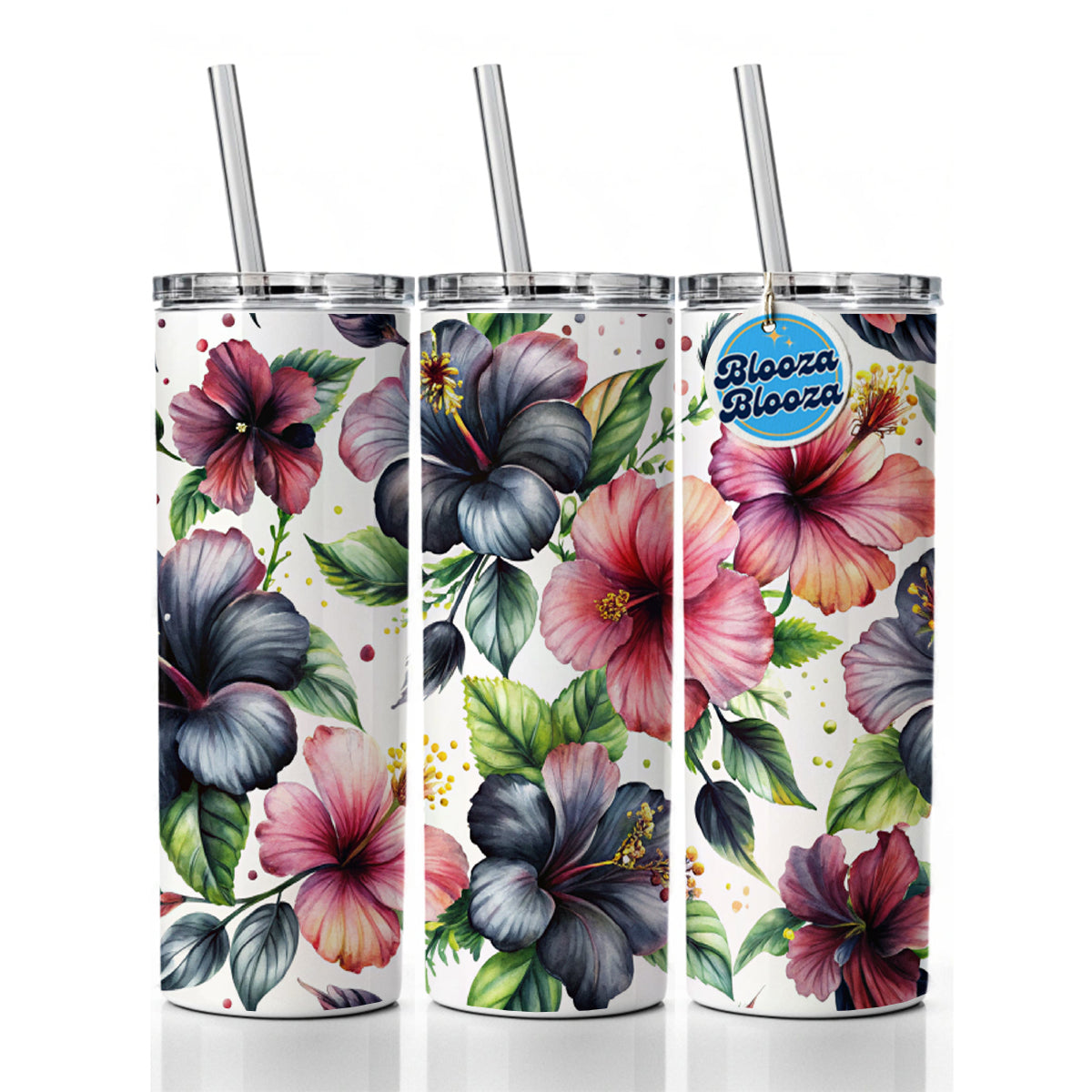 Black Pink Hibiscus Flowers Watercolor Skinny Tumbler 20oz with Straw Insulated Water Bottle Gift