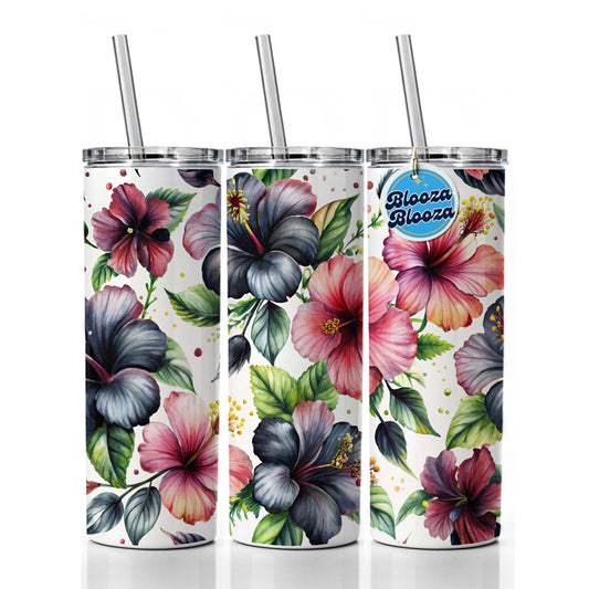Black Pink Hibiscus Flowers Watercolor Skinny Tumbler 20oz with Straw Insulated Water Bottle Gift