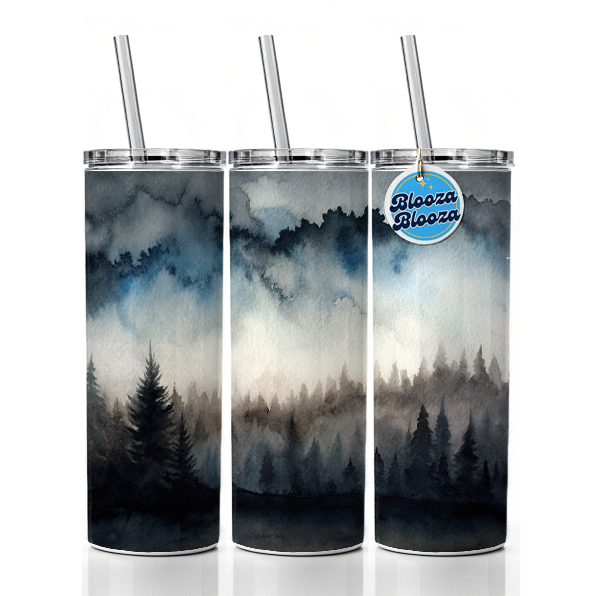 Black Shadow Forest Ombre Watercolor Skinny Tumbler 20oz with Straw Insulated Water Bottle Gift