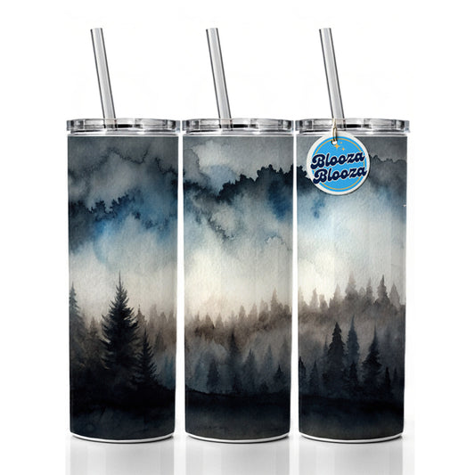 Black Shadow Forest Ombre Watercolor Skinny Tumbler 20oz with Straw Insulated Water Bottle Gift