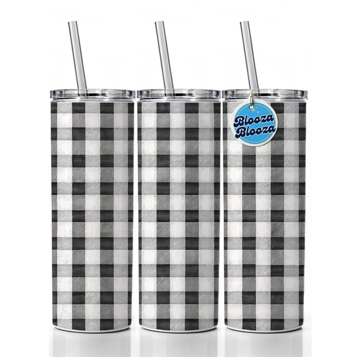 Black White Gingham Watercolor Skinny Tumbler 20oz with Straw Insulated Water Bottle Gift