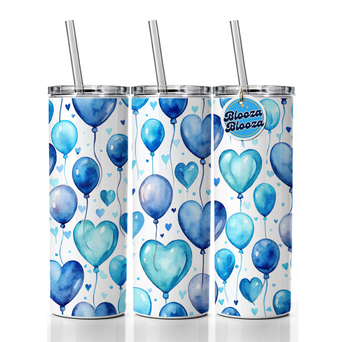 Blue Balloons Hearts Watercolor Birthday Skinny Tumbler 20oz with Straw Insulated Water Bottle Gift