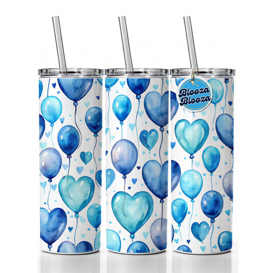 Blue Balloons Hearts Watercolor Birthday Skinny Tumbler 20oz with Straw Insulated Water Bottle Gift