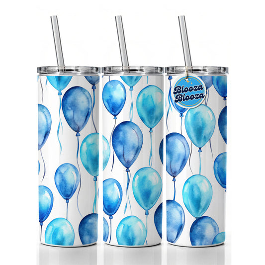 Blue Balloons Watercolor Birthday Skinny Tumbler 20oz with Straw Insulated Water Bottle Gift
