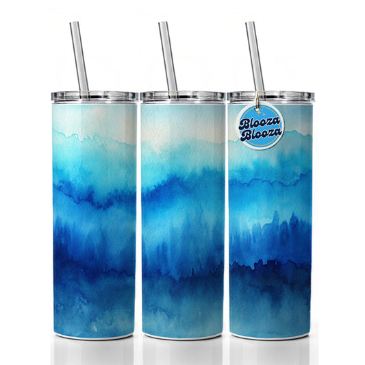 Blue Ombre Forest Watercolor Skinny Tumbler 20oz with Straw Insulated Water Bottle Gift