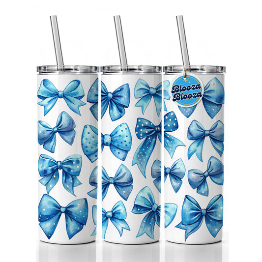Blue Scattered Coquette Bows Cute Watercolor Skinny Tumbler 20oz with Straw Insulated Water Bottle Gift