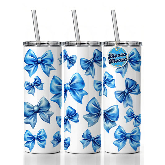 Blue Scattered Coquette Bows Watercolor Skinny Tumbler 20oz with Straw Insulated Water Bottle Gift