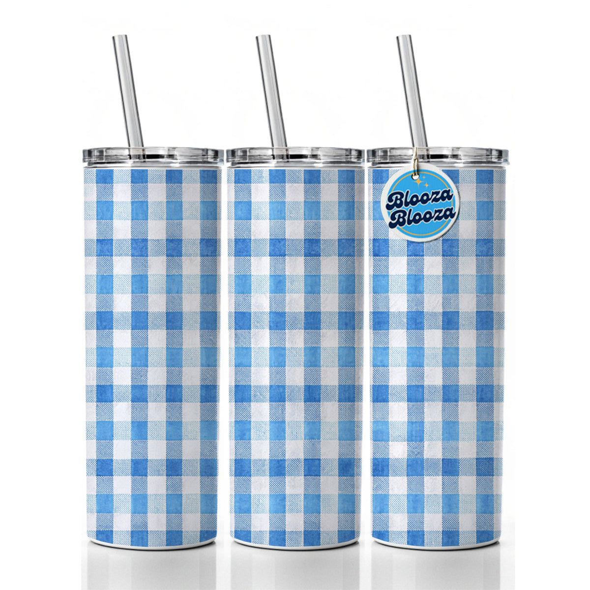 Blue White Gingham Watercolor Skinny Tumbler 20oz with Straw Insulated Water Bottle Gift