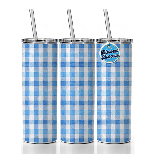 Blue White Gingham Watercolor Skinny Tumbler 20oz with Straw Insulated Water Bottle Gift