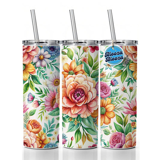 Boho Flowers Watercolor Skinny Tumbler 20oz with Straw Insulated Water Bottle Gift