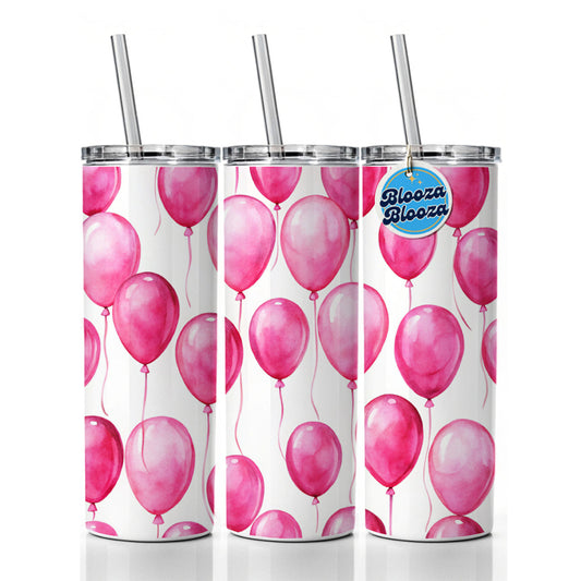 Bright Pink Balloons Watercolor Birthday Skinny Tumbler 20oz with Straw Insulated Water Bottle Gift