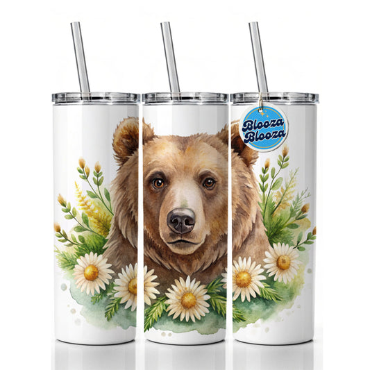 Brown Bear Watercolor Design With Daisies Skinny Tumbler 20oz with Straw Insulated Water Bottle Gift