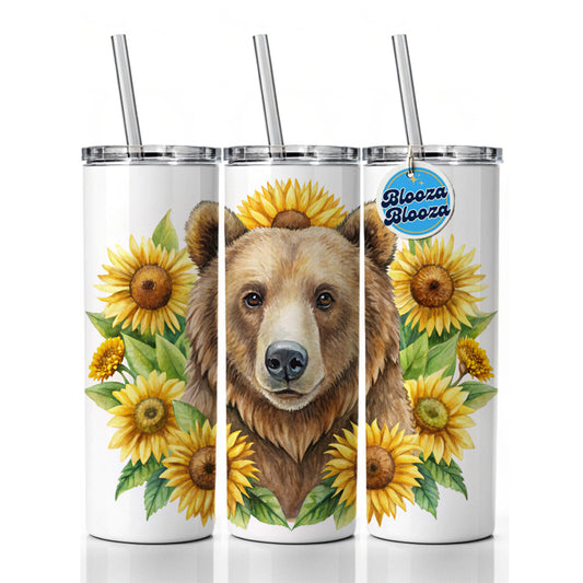 Brown Bear Watercolor Design With Sunflowers Skinny Tumbler 20oz with Straw Insulated Water Bottle Gift