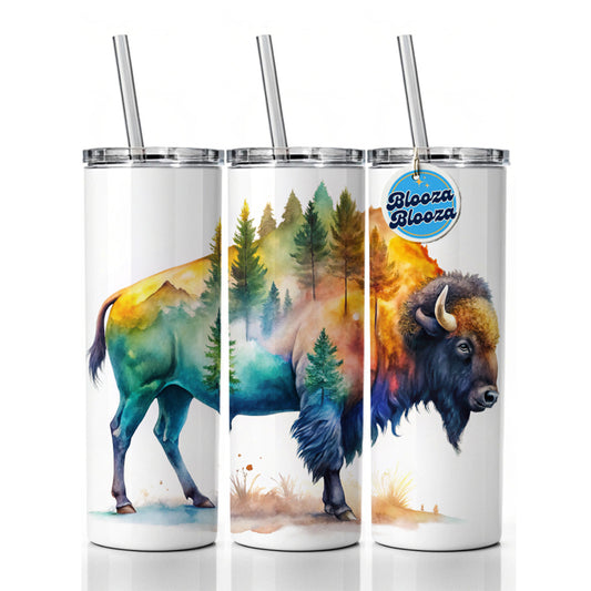 Buffalo In Forest Watercolor Design Skinny Tumbler 20oz with Straw Insulated Water Bottle Gift