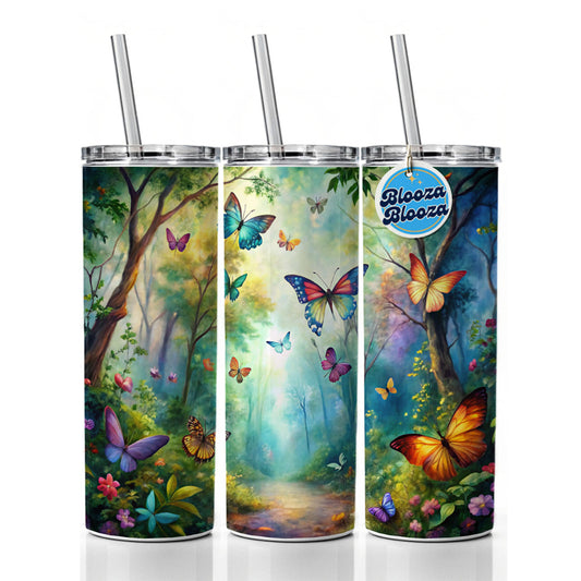 Butterflies Forest Fantasy Watercolor Design Skinny Tumbler 20oz with Straw Insulated Water Bottle Gift