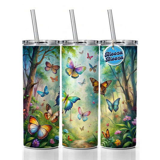 Butterflies In Forest Fantasy Watercolor Skinny Tumbler 20oz with Straw Insulated Water Bottle Gift