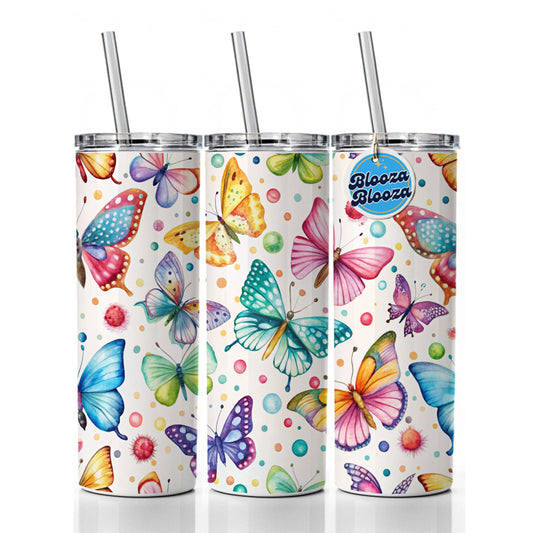 Butterflies Polka Dots Watercolor Skinny Tumbler 20oz with Straw Insulated Water Bottle Gift