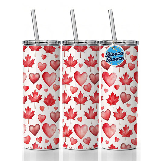 Canada Flags Maple Leaf Hearts Watercolor Skinny Tumbler 20oz with Straw Insulated Water Bottle Gift