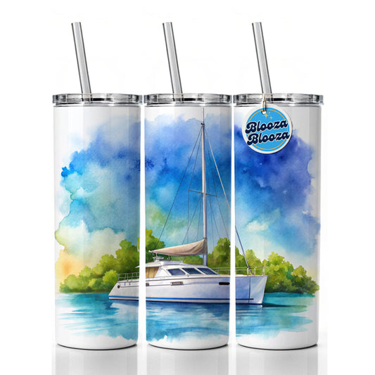 Catamaran At Sea Watercolor Design Skinny Tumbler 20oz with Straw Insulated Water Bottle Gift