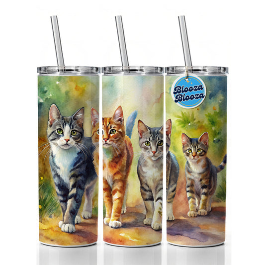 Cats Walking Watercolor Skinny Tumbler 20oz with Straw Insulated Water Bottle Gift