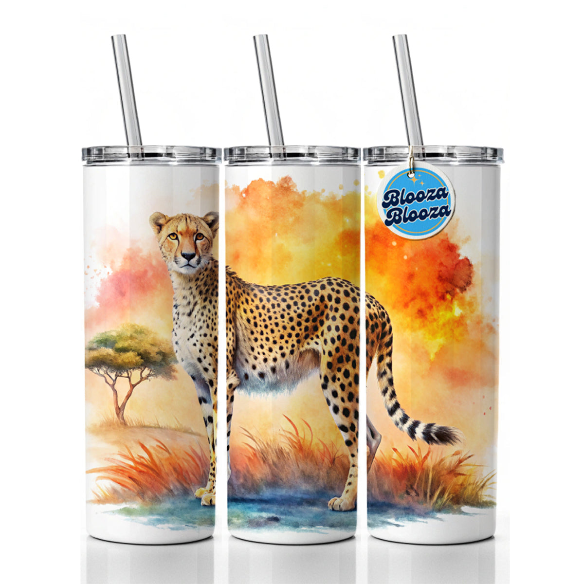 Cheetah African Plain Watercolor Design Skinny Tumbler 20oz with Straw Insulated Water Bottle Gift