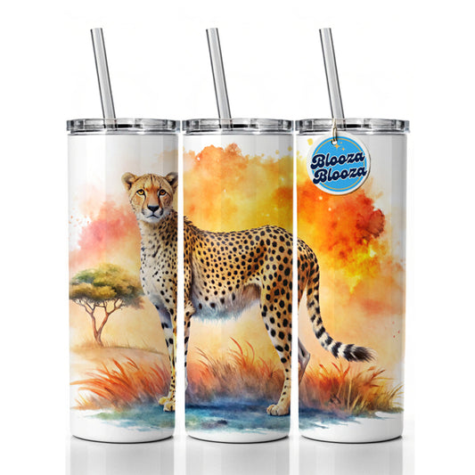 Cheetah African Plain Watercolor Design Skinny Tumbler 20oz with Straw Insulated Water Bottle Gift