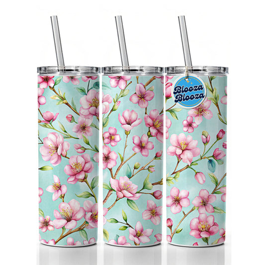 Cherry Blossom Flowers Light Blue Skinny Tumbler 20oz with Straw Insulated Water Bottle Gift