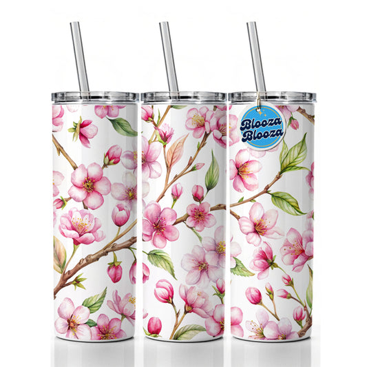 Cherry Blossom Flowers White Skinny Tumbler 20oz with Straw Insulated Water Bottle Gift