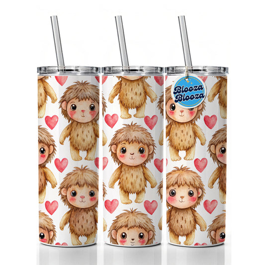 Chibi Sasquatch Big Foot Hearts Watercolor Skinny Tumbler 20oz with Straw Insulated Water Bottle Gift