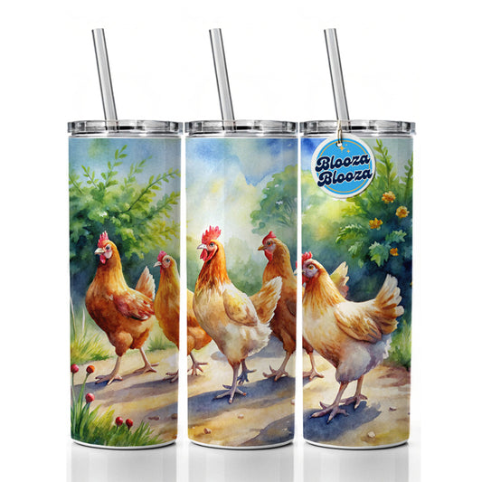 Chickens Walking Around Watercolor Skinny Tumbler 20oz with Straw Insulated Water Bottle Gift