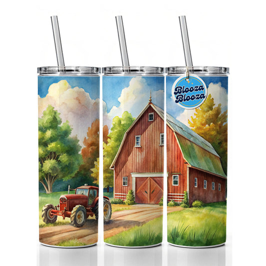Classic Barn Tractor Watercolor Design Skinny Tumbler 20oz with Straw Insulated Water Bottle Gift
