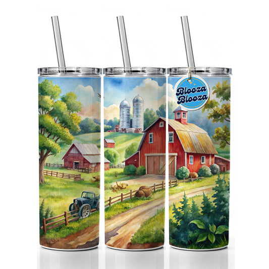 Classic Farm Watercolor Design Skinny Tumbler 20oz with Straw Insulated Water Bottle Gift