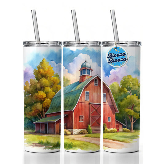 Classic Red Barn Watercolor Skinny Tumbler 20oz with Straw Insulated Water Bottle Gift
