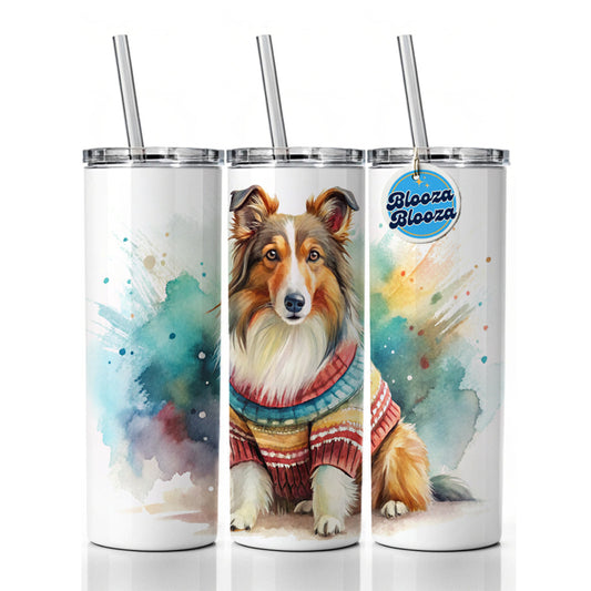 Collie Dog Wearing A Sweater Watercolor Skinny Tumbler 20oz with Straw Insulated Water Bottle Gift