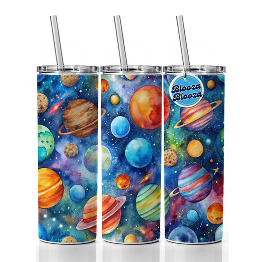 Colorful Planets In Space Watercolor Skinny Tumbler 20oz with Straw Insulated Water Bottle Gift