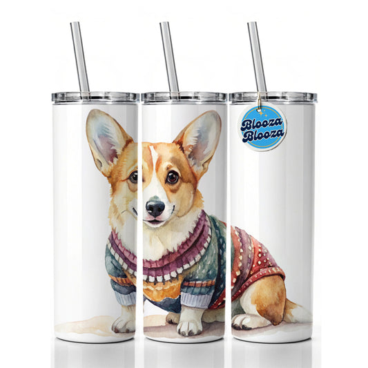 Corgi Dog Wearing A Sweater Watercolor Skinny Tumbler 20oz with Straw Insulated Water Bottle Gift