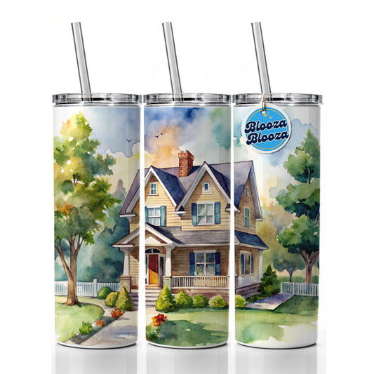 Country Farm House Painting Watercolor Skinny Tumbler 20oz with Straw Insulated Water Bottle Gift