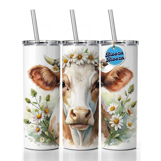 Cow Watercolor With Daisies Skinny Tumbler 20oz with Straw Insulated Water Bottle Gift