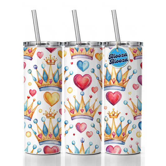 Crowns Royalty Tiaras Hearts Watercolor Skinny Tumbler 20oz with Straw Insulated Water Bottle Gift