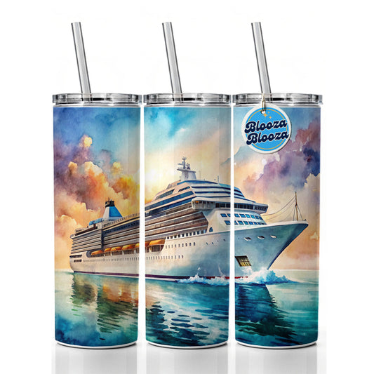 Cruise Ship At Sea Bon Voyage Watercolor Skinny Tumbler 20oz with Straw Insulated Water Bottle Gift
