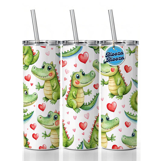 Cute Alligator Crocodiles Hearts Watercolor Skinny Tumbler 20oz with Straw Insulated Water Bottle Gift