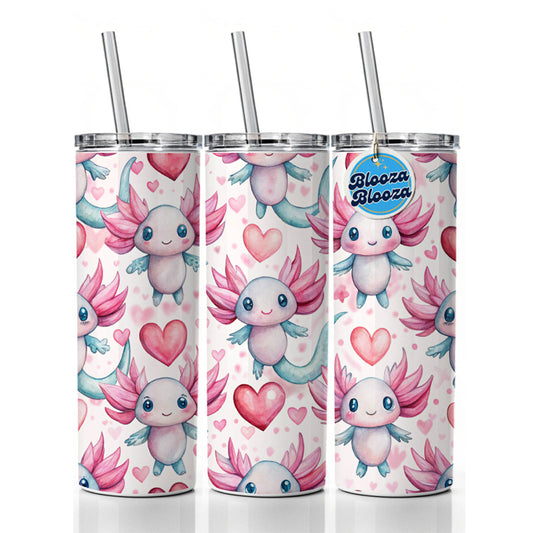 Cute Axolotls Hearts Watercolor Skinny Tumbler 20oz with Straw Insulated Water Bottle Gift