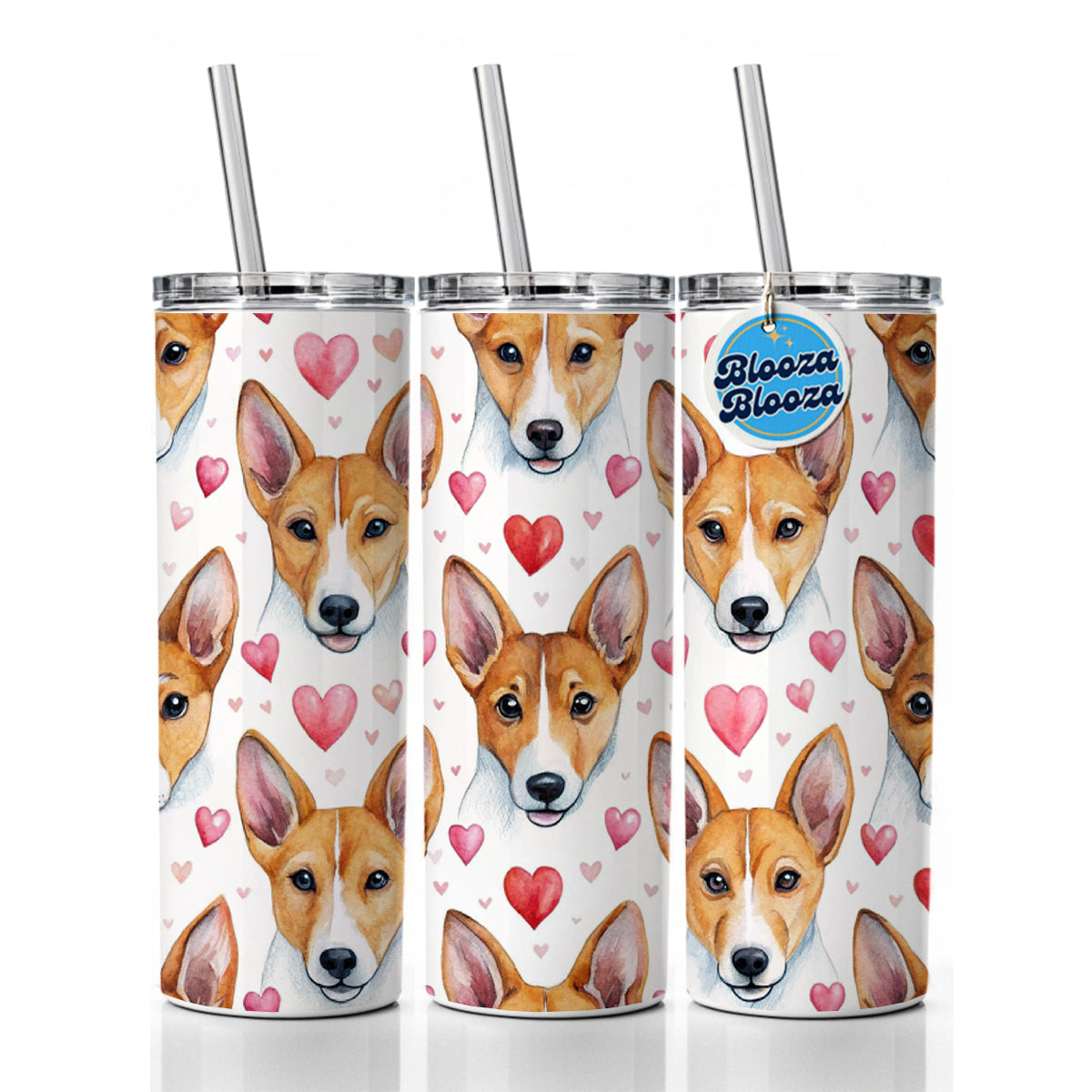 Cute Basenji Dog Faces Hearts Water Skinny Tumbler 20oz with Straw Insulated Water Bottle Gift