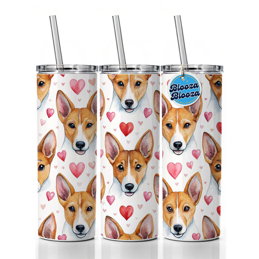 Cute Basenji Dog Faces Hearts Water Skinny Tumbler 20oz with Straw Insulated Water Bottle Gift
