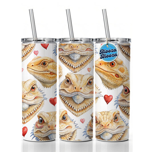 Cute Bearded Dragon Faces Hearts Skinny Tumbler 20oz with Straw Insulated Water Bottle Gift